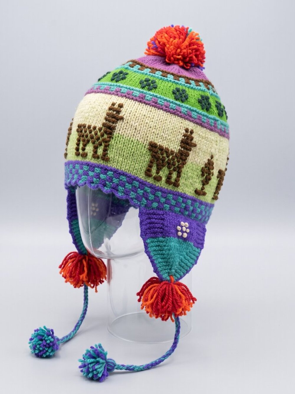 Andean Knitted Wool Chullo Hat with Llama Motifs and Multicolored Pom-poms